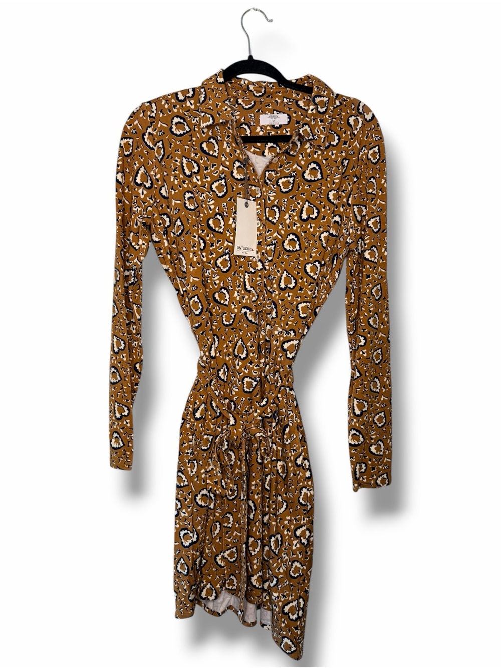 NWT Untuckit Tan Printed Romy Jersey Shirt Mini Dress with Tie Waist Size Medium - Picture 2 of 13